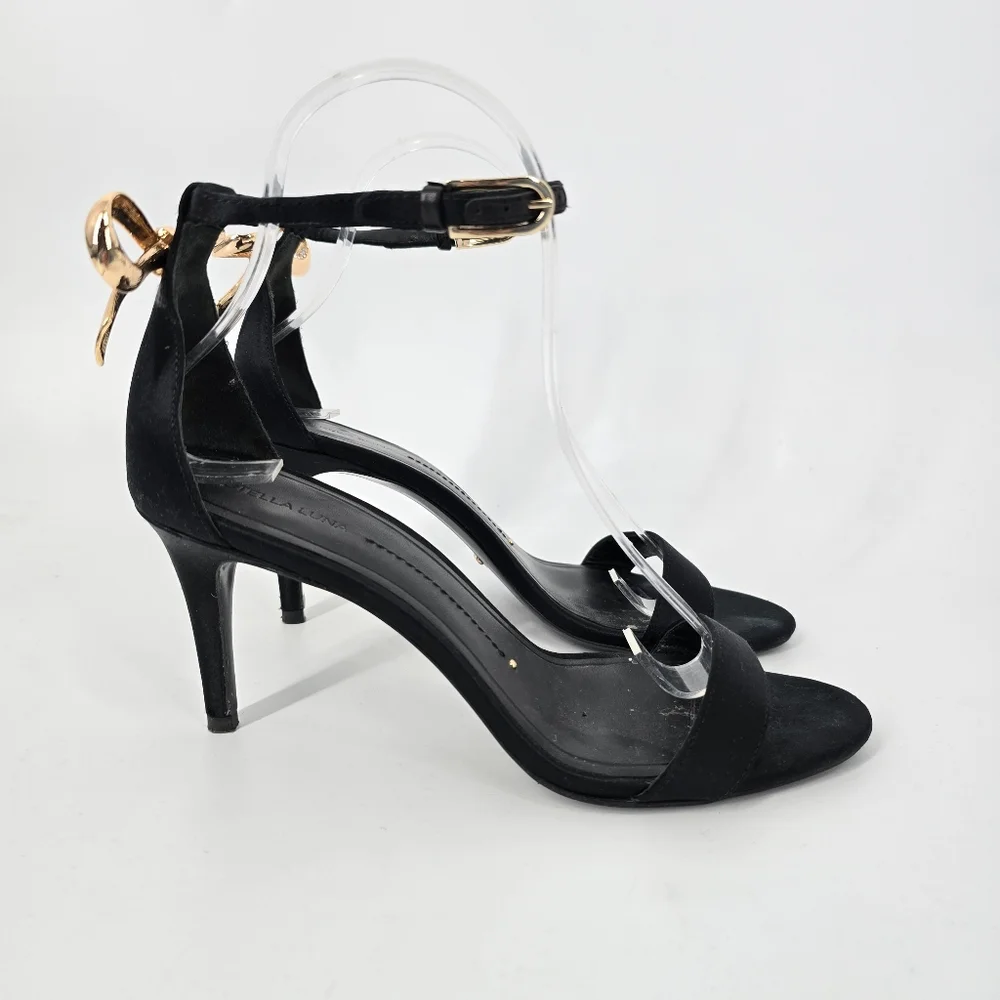 Stella Luna Black Satin Strappy Black Sandals Gold Bow Size 38